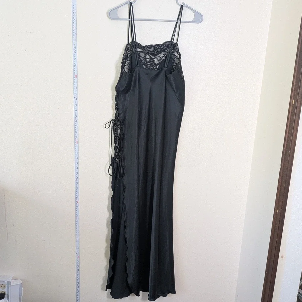 Vintage 80s / 90s Blanche Black Satin Maxi Slip Dress Side Slit Lace and Ties M - Picture 4 of 9